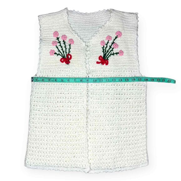 Vintage Crochet Knit Vest Floral Embroidery White Pink Womens OS - Picture 7 of 7